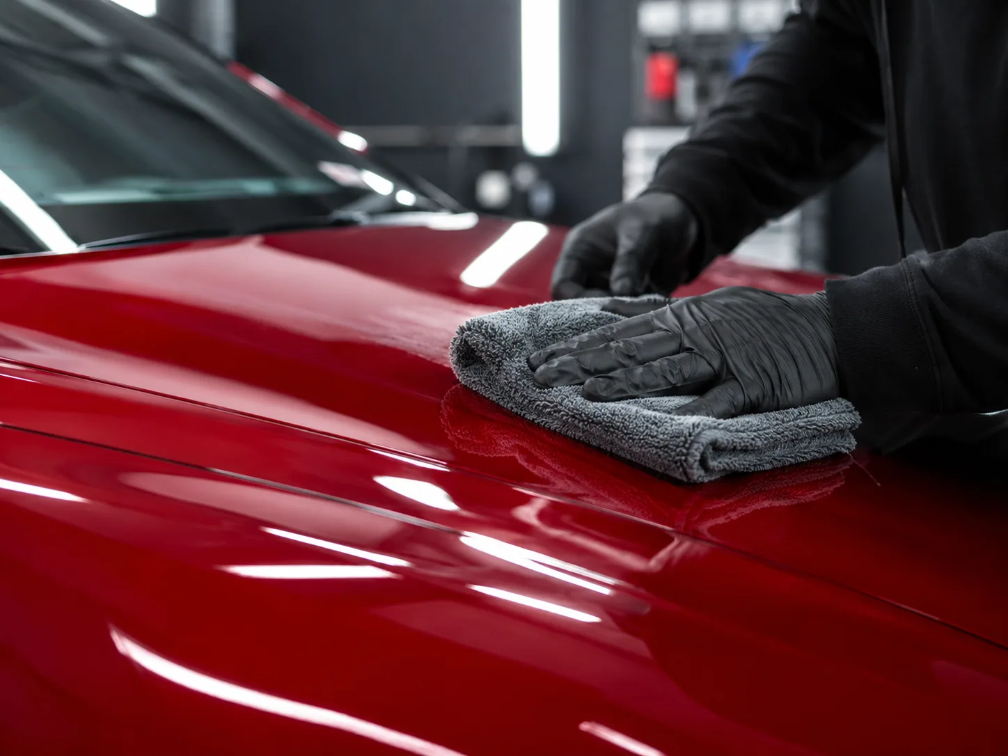 Teknisi mengelap permukaan mobil setelah proses coating